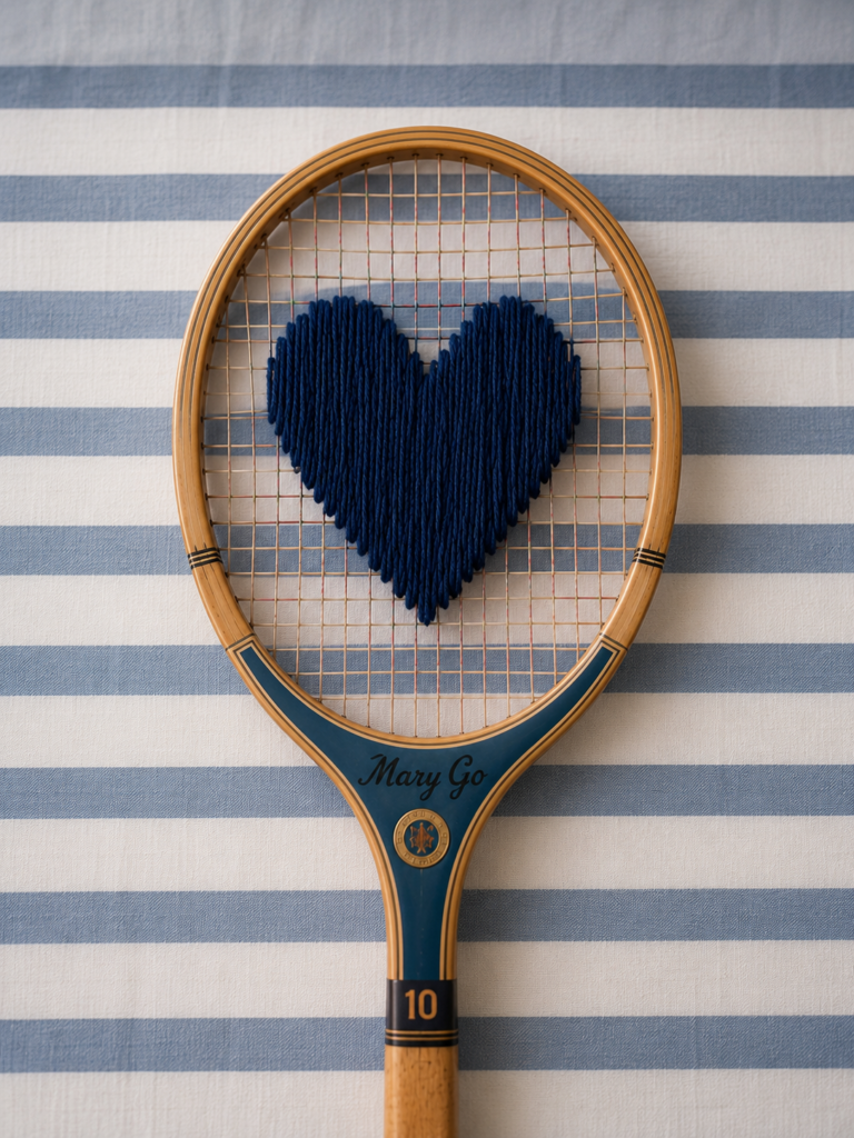raquette de tennis anciennes brodées à la main - modèle coeur bleu